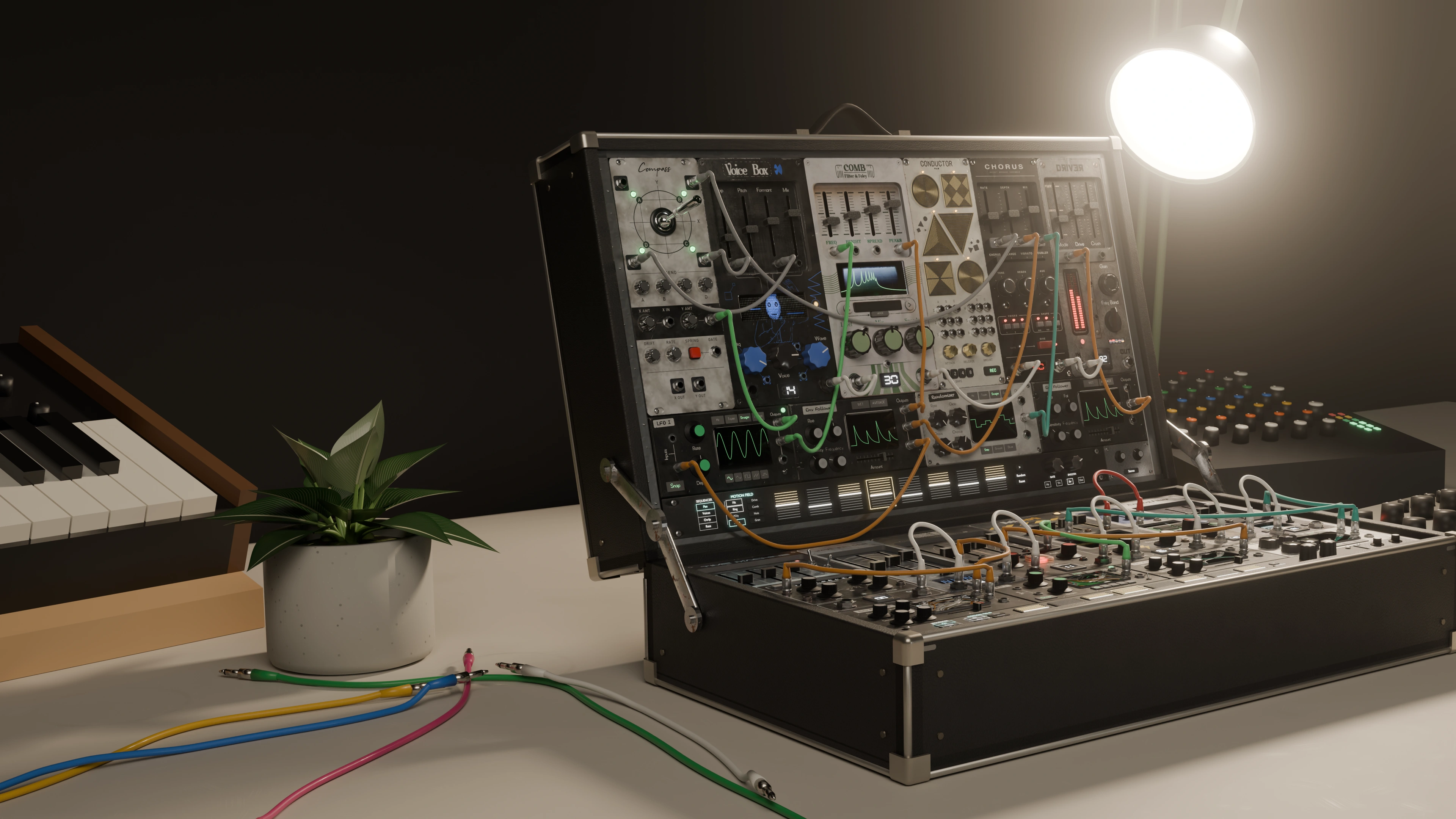 MOD-FX modular rack with patch cables across both rows